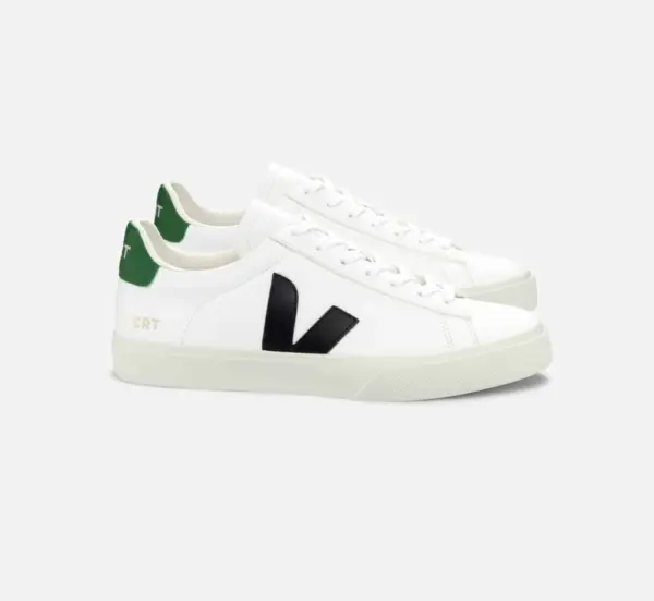 TÊNIS VERT CAMPO COURO EXTRA BRANCO PRETO E VERDE